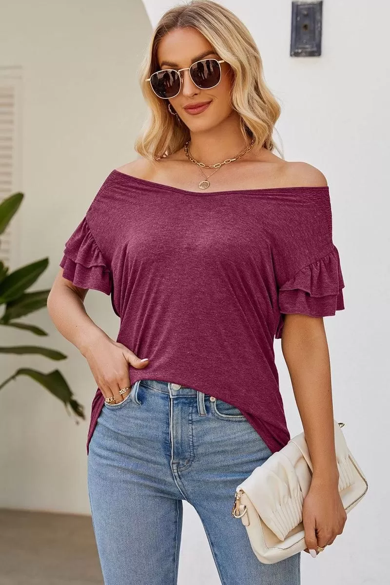 SMOKED SHOULDER RUFFLED SHORT SLEEVE TEE