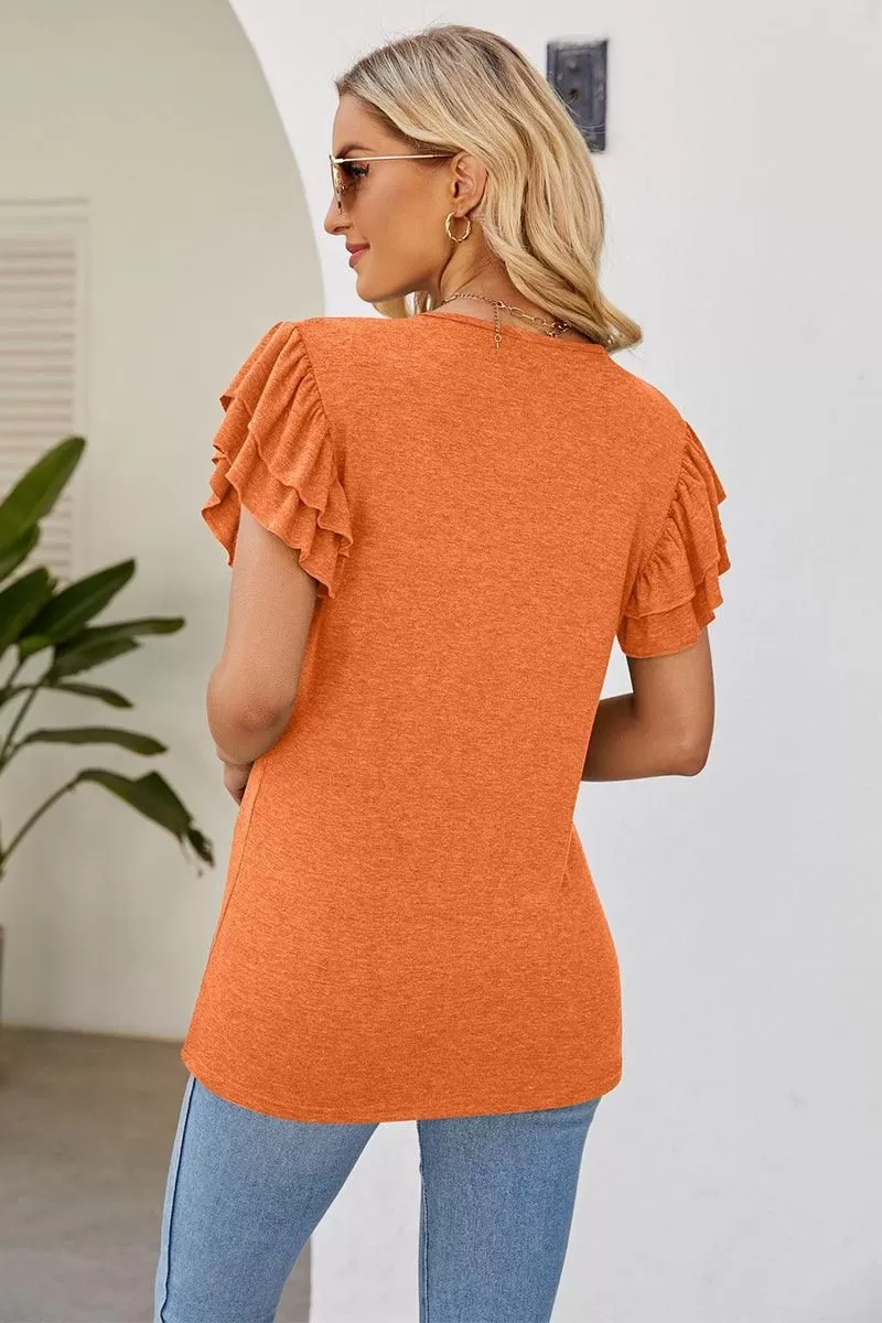 SMOKED SHOULDER RUFFLED SHORT SLEEVE TEE