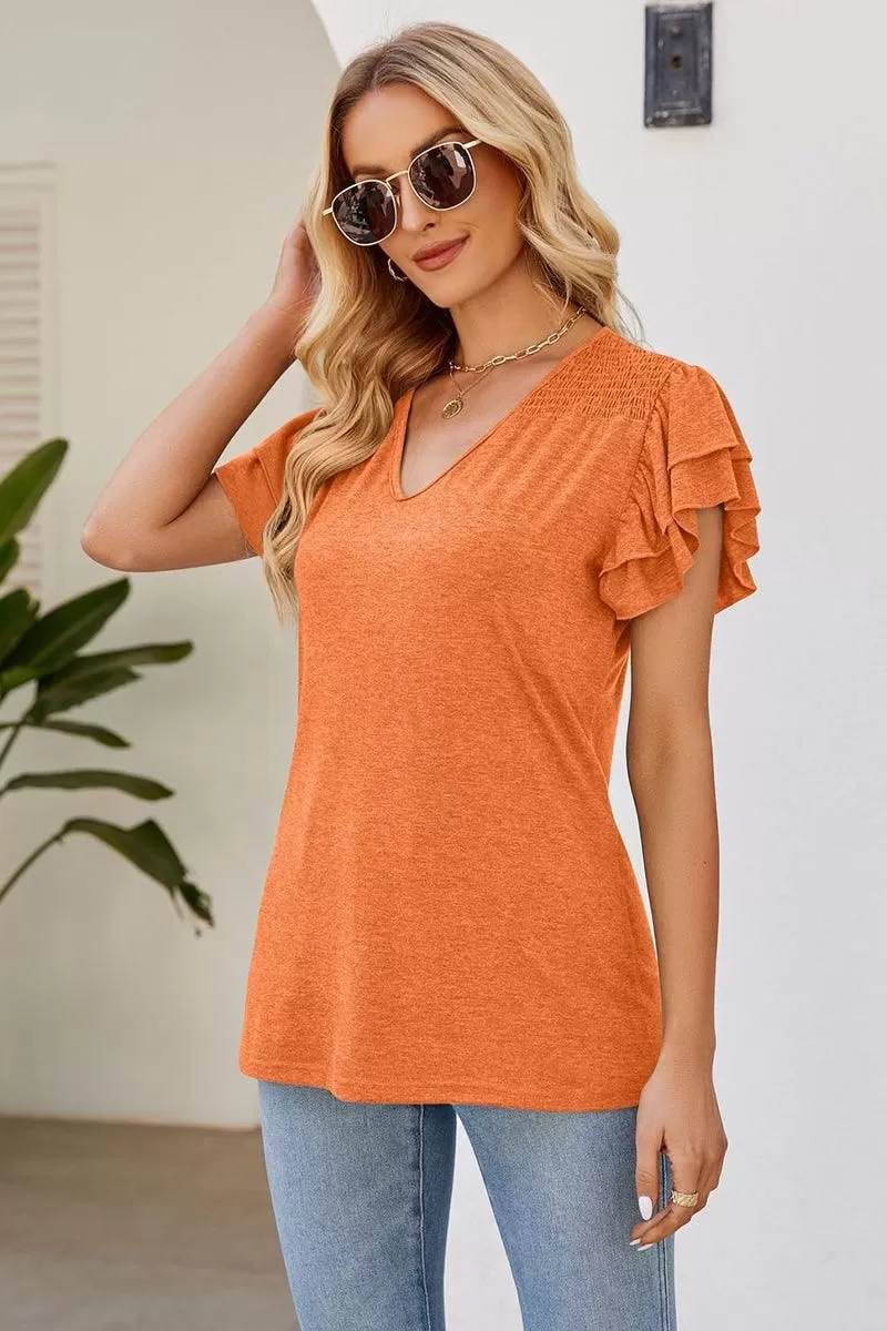 SMOKED SHOULDER RUFFLED SHORT SLEEVE TEE