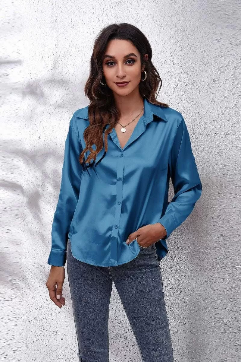 Solid Color Silk Long Sleeved Shirt