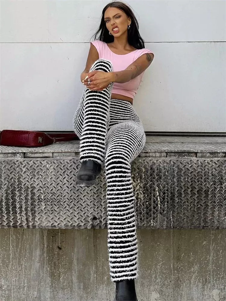 Street High Waist Slim Stripes Knitted Fashion Zebra Casual Long Bodycon Pants