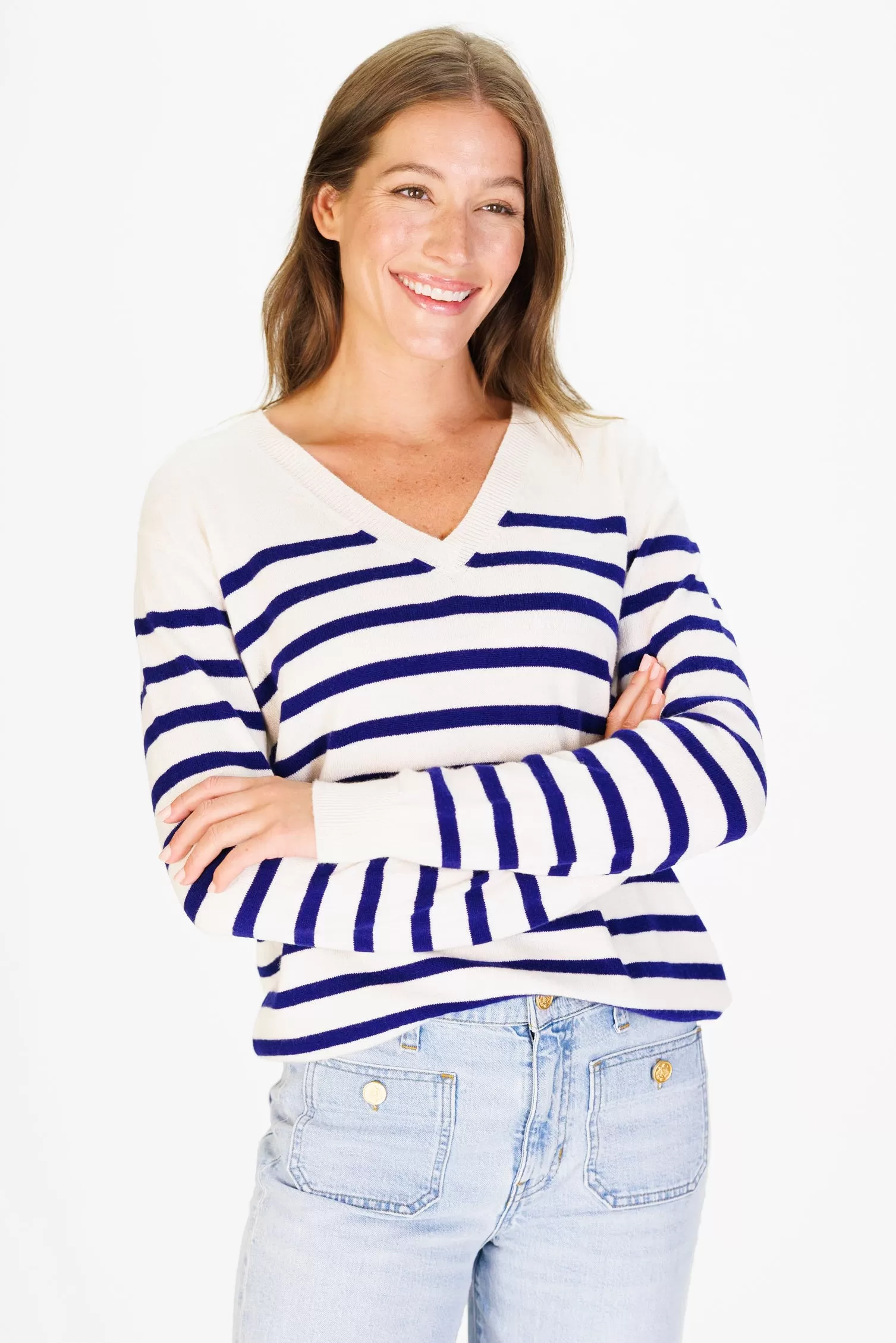 The Everyday 100% Cashmere V-Neck in Chalk White/French Navy Stripe