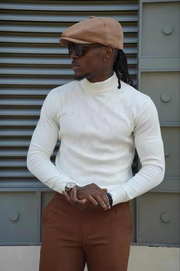 Thread Slim Fit Custom Design Half Turtleneck White Sweater