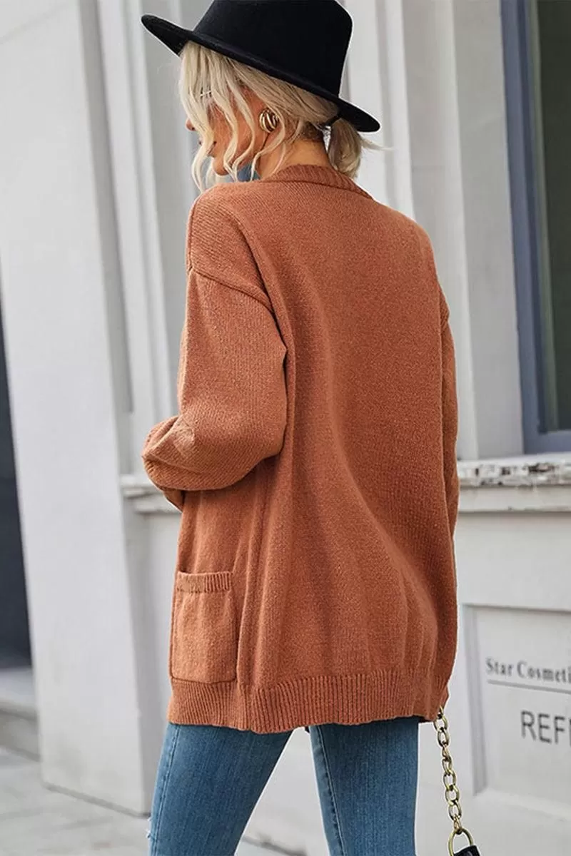 TOGGLE CLOSURE RIBBED CARDIGAN WITH POCKETS