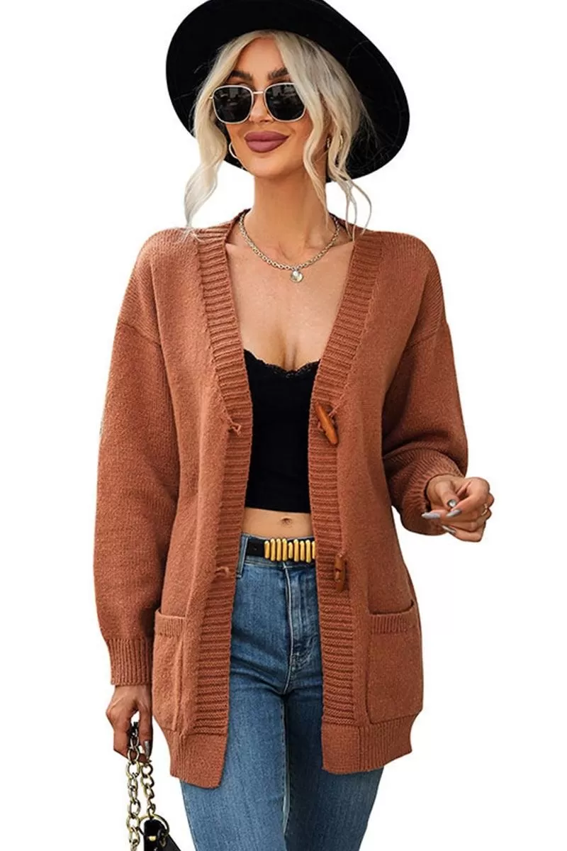 TOGGLE CLOSURE RIBBED CARDIGAN WITH POCKETS