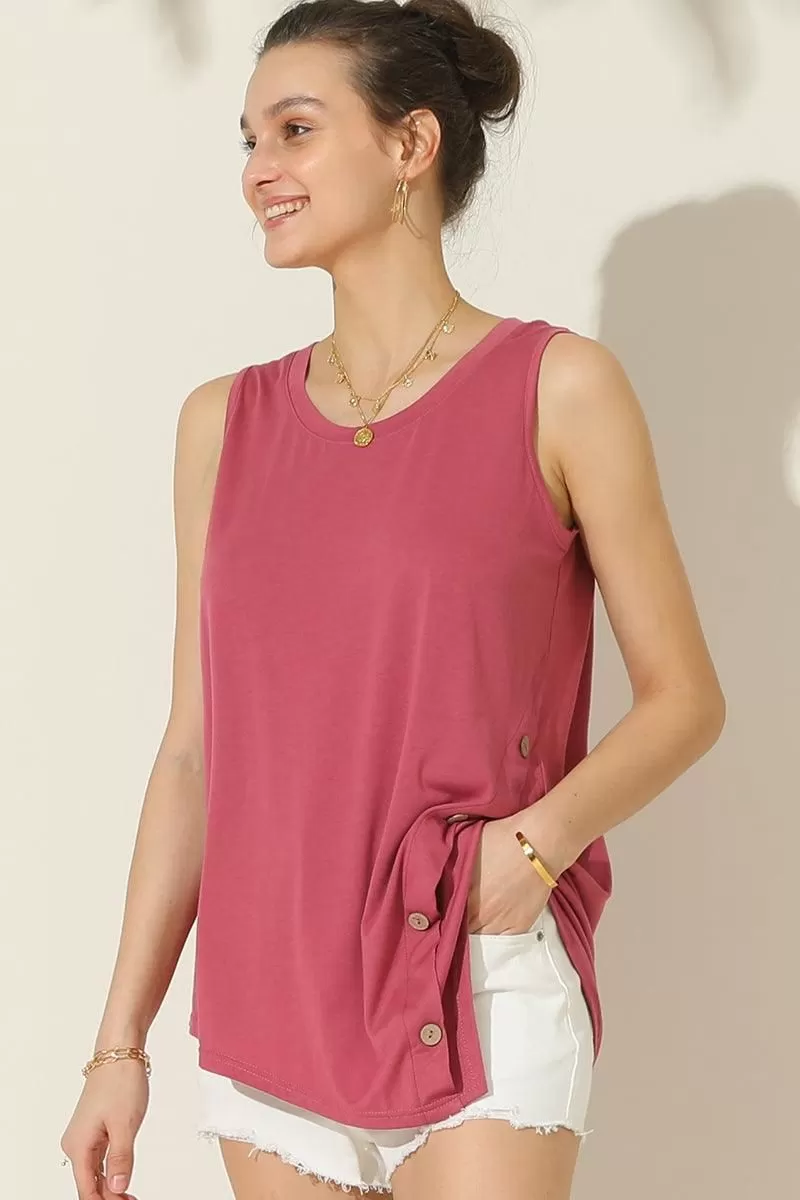 U NECK BOTTON SIDE BUTTON UP SLEEVELESS TOP