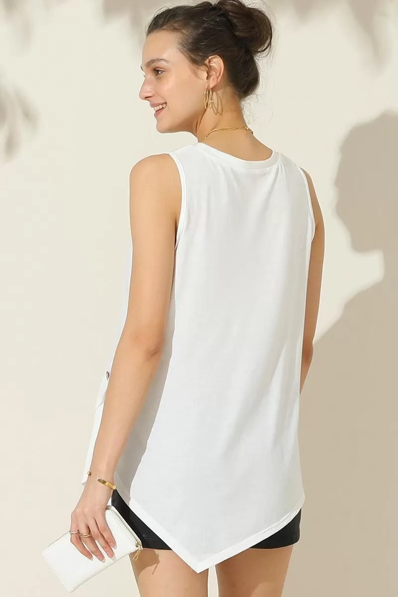 U NECK BOTTON SIDE BUTTON UP SLEEVELESS TOP