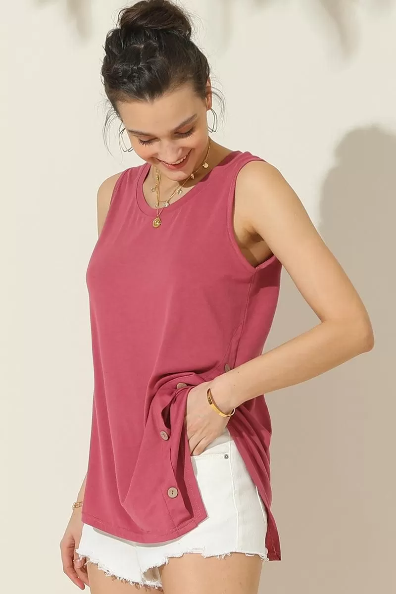 U NECK BOTTON SIDE BUTTON UP SLEEVELESS TOP