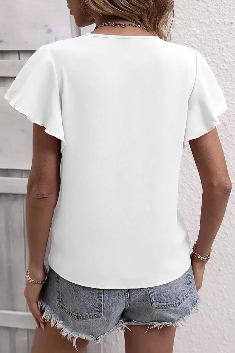 V NECK FLOUNCE SHORT SLEEVE BLOUSE