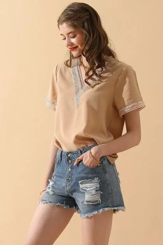 V NECK LACE POINT SHORT SLEEVE BLOUSE TOP