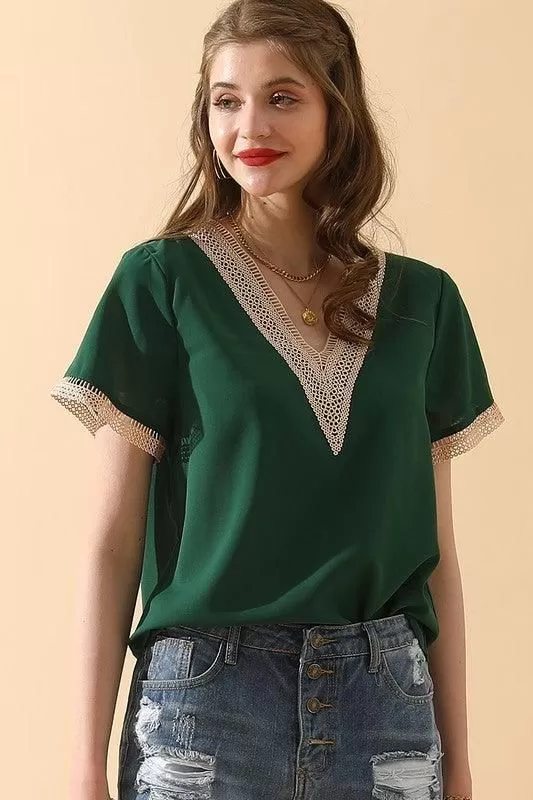 V NECK LACE POINT SHORT SLEEVE BLOUSE TOP