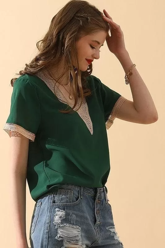 V NECK LACE POINT SHORT SLEEVE BLOUSE TOP