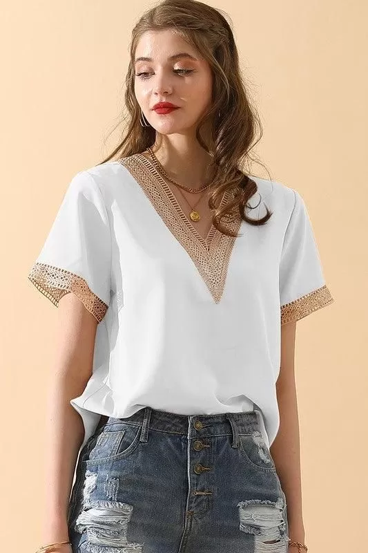 V NECK LACE POINT SHORT SLEEVE BLOUSE TOP