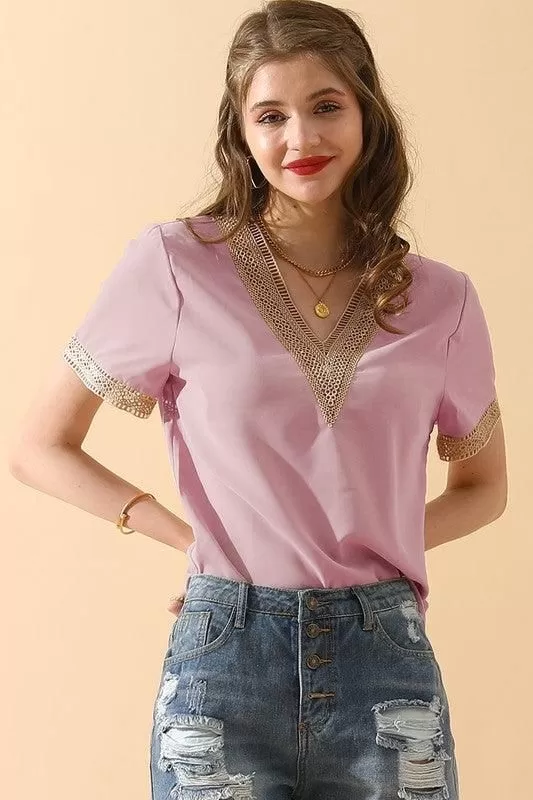 V NECK LACE POINT SHORT SLEEVE BLOUSE TOP