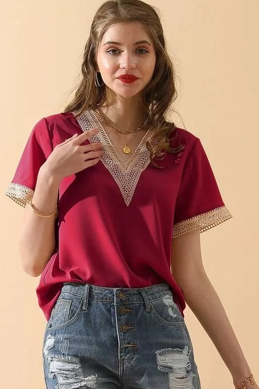 V NECK LACE POINT SHORT SLEEVE BLOUSE TOP