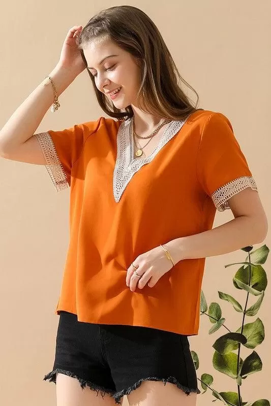 V NECK LACE POINT SHORT SLEEVE BLOUSE TOP