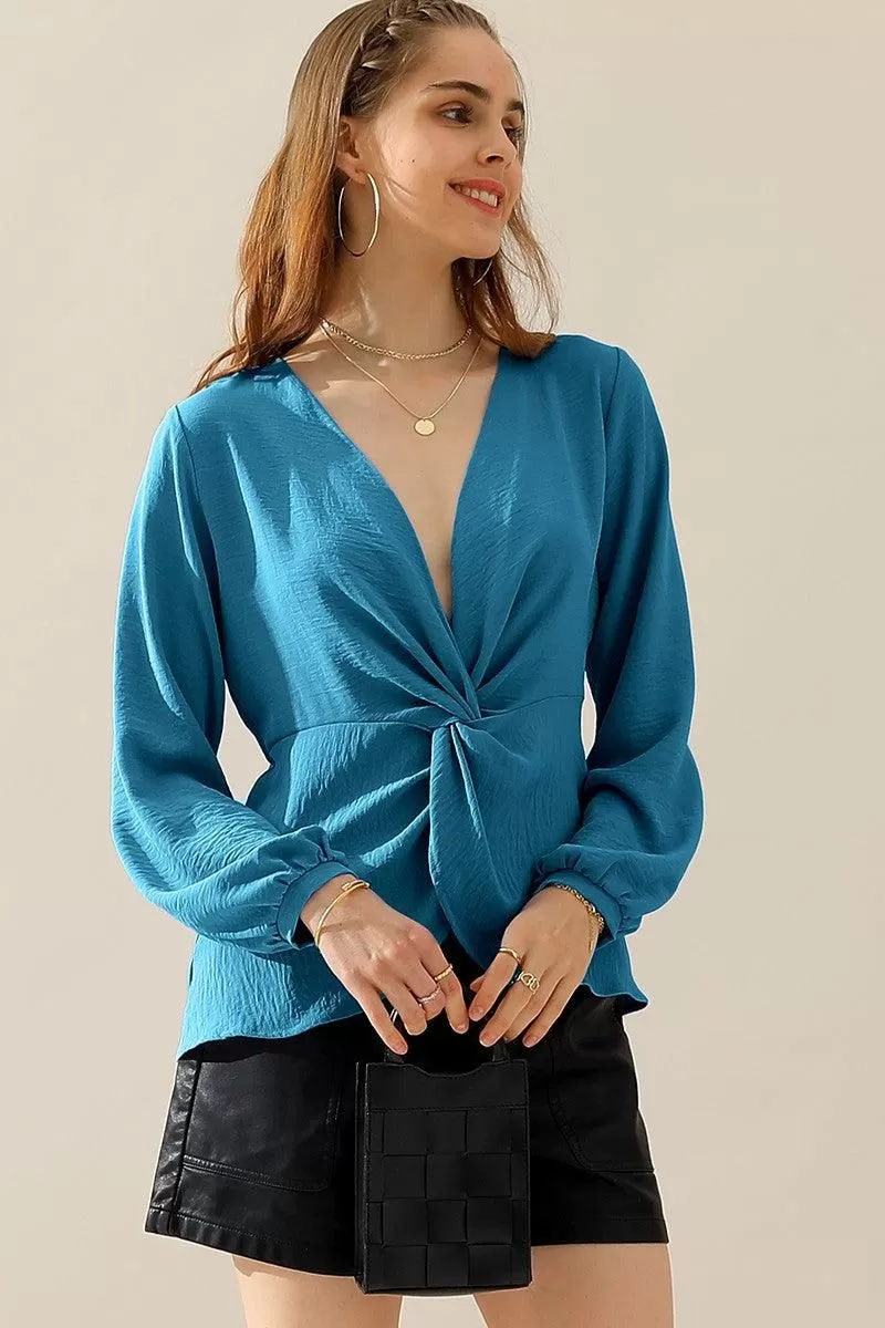 V NECK LONG SLEEVE Z TWIST RUFFLE BLOUSE TOP