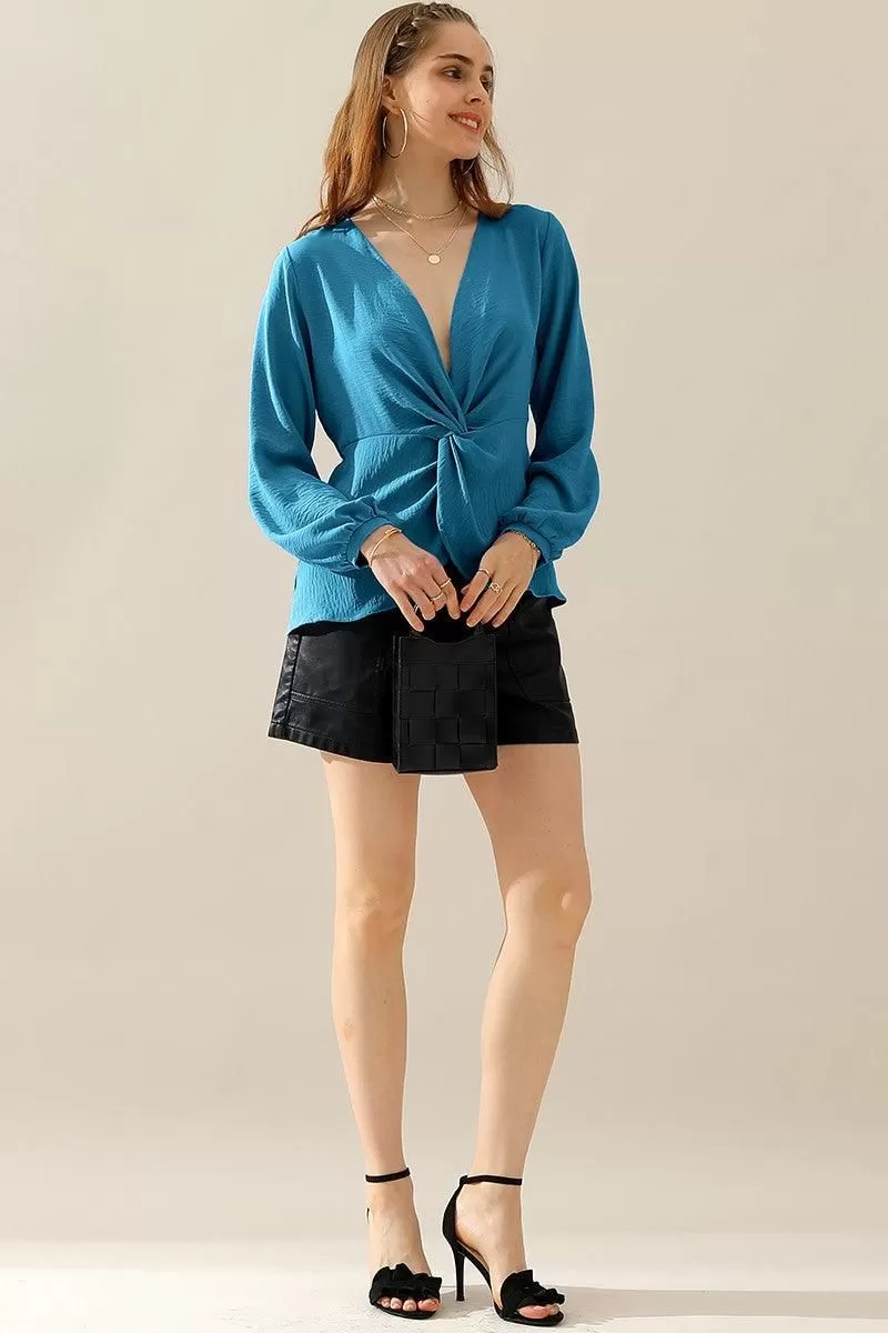 V NECK LONG SLEEVE Z TWIST RUFFLE BLOUSE TOP