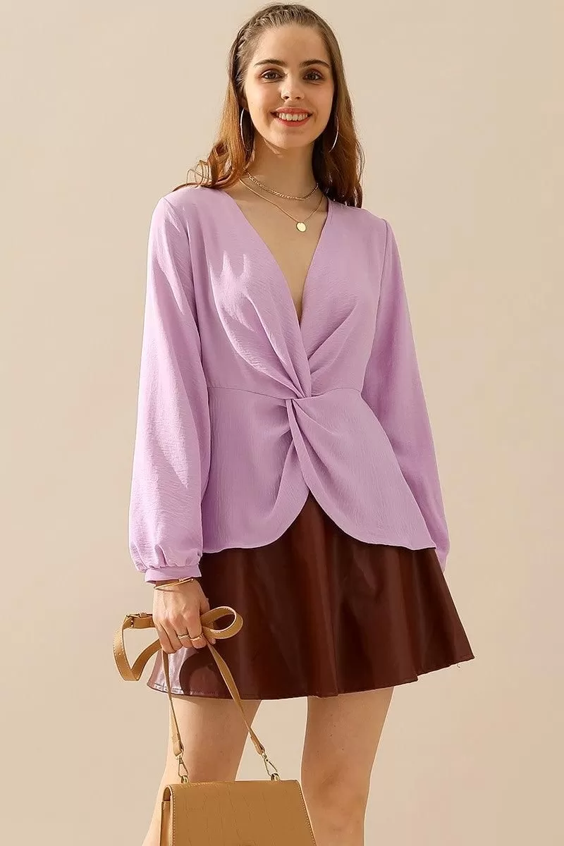 V NECK LONG SLEEVE Z TWIST RUFFLE BLOUSE TOP