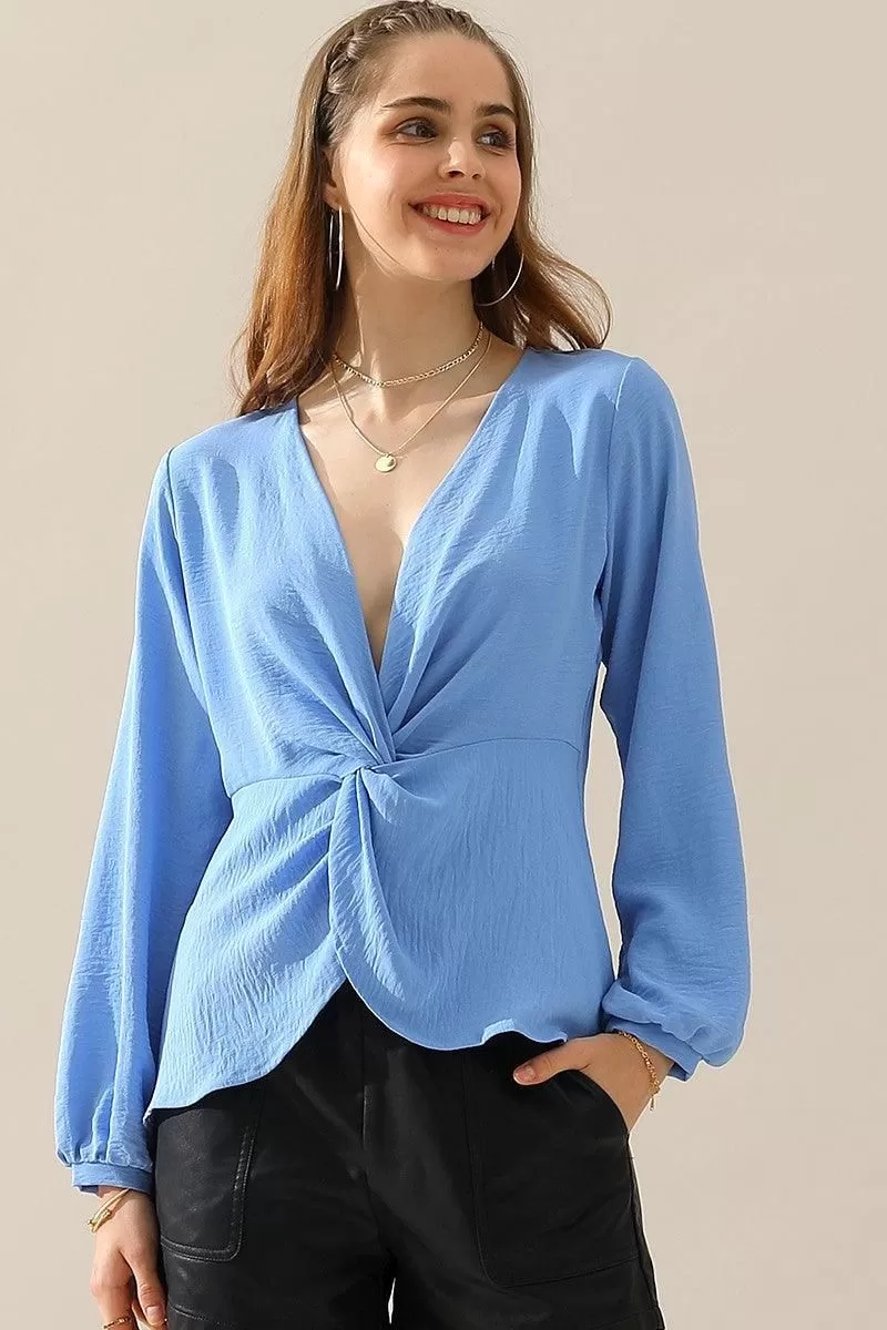 V NECK LONG SLEEVE Z TWIST RUFFLE BLOUSE TOP