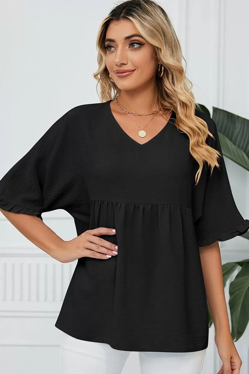 V NECK LOOSE CHIFFON RUFFLED TUNIC TOP