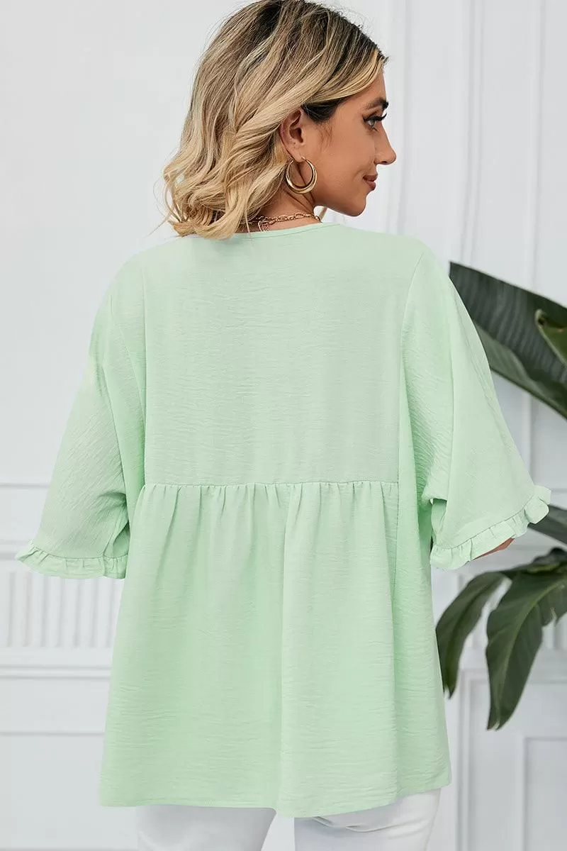 V NECK LOOSE CHIFFON RUFFLED TUNIC TOP