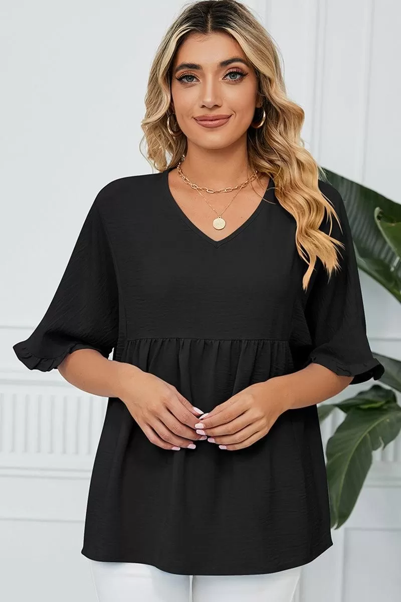 V NECK LOOSE CHIFFON RUFFLED TUNIC TOP