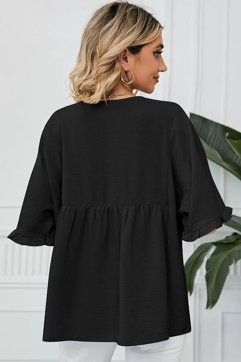 V NECK LOOSE CHIFFON RUFFLED TUNIC TOP