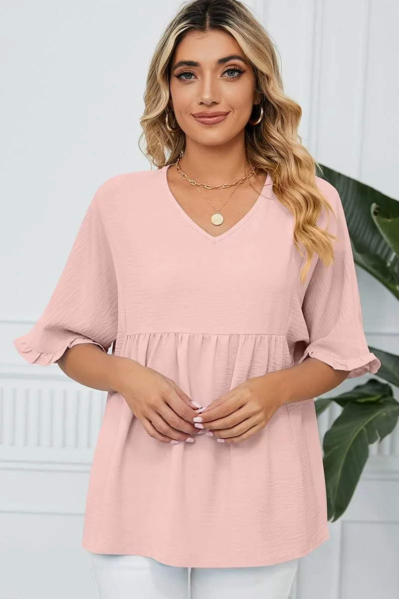 V NECK LOOSE CHIFFON RUFFLED TUNIC TOP