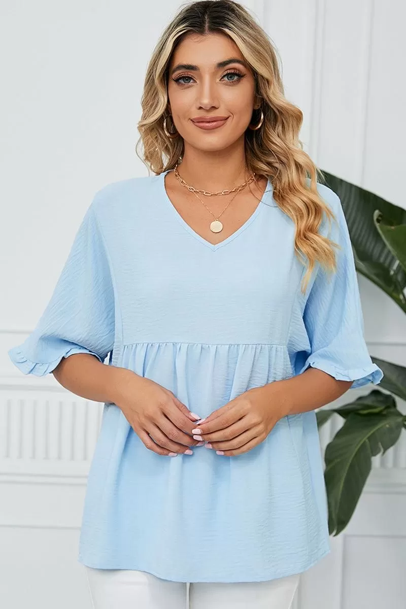 V NECK LOOSE CHIFFON RUFFLED TUNIC TOP