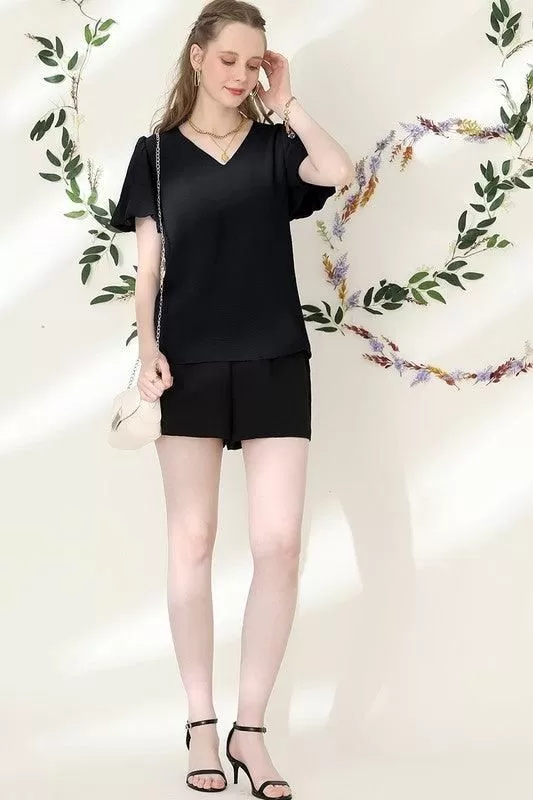 V NECK PUFF SHORT SLEEVE BLOUS FORMAL TUNIC TOP