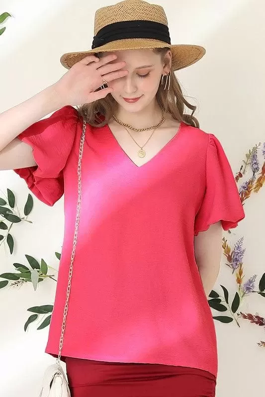 V NECK PUFF SHORT SLEEVE BLOUS FORMAL TUNIC TOP