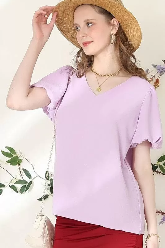 V NECK PUFF SHORT SLEEVE BLOUS FORMAL TUNIC TOP