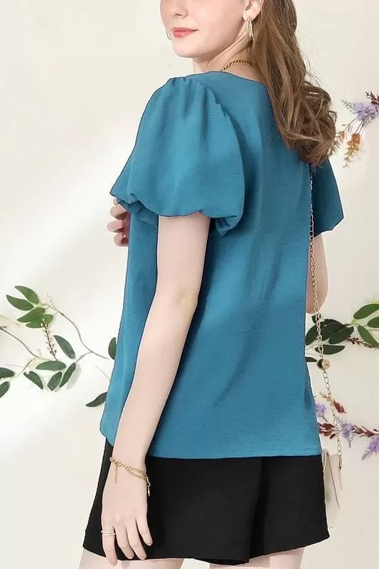 V NECK PUFF SHORT SLEEVE BLOUS FORMAL TUNIC TOP