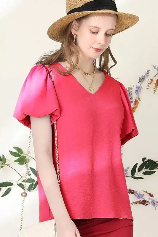 V NECK PUFF SHORT SLEEVE BLOUS FORMAL TUNIC TOP