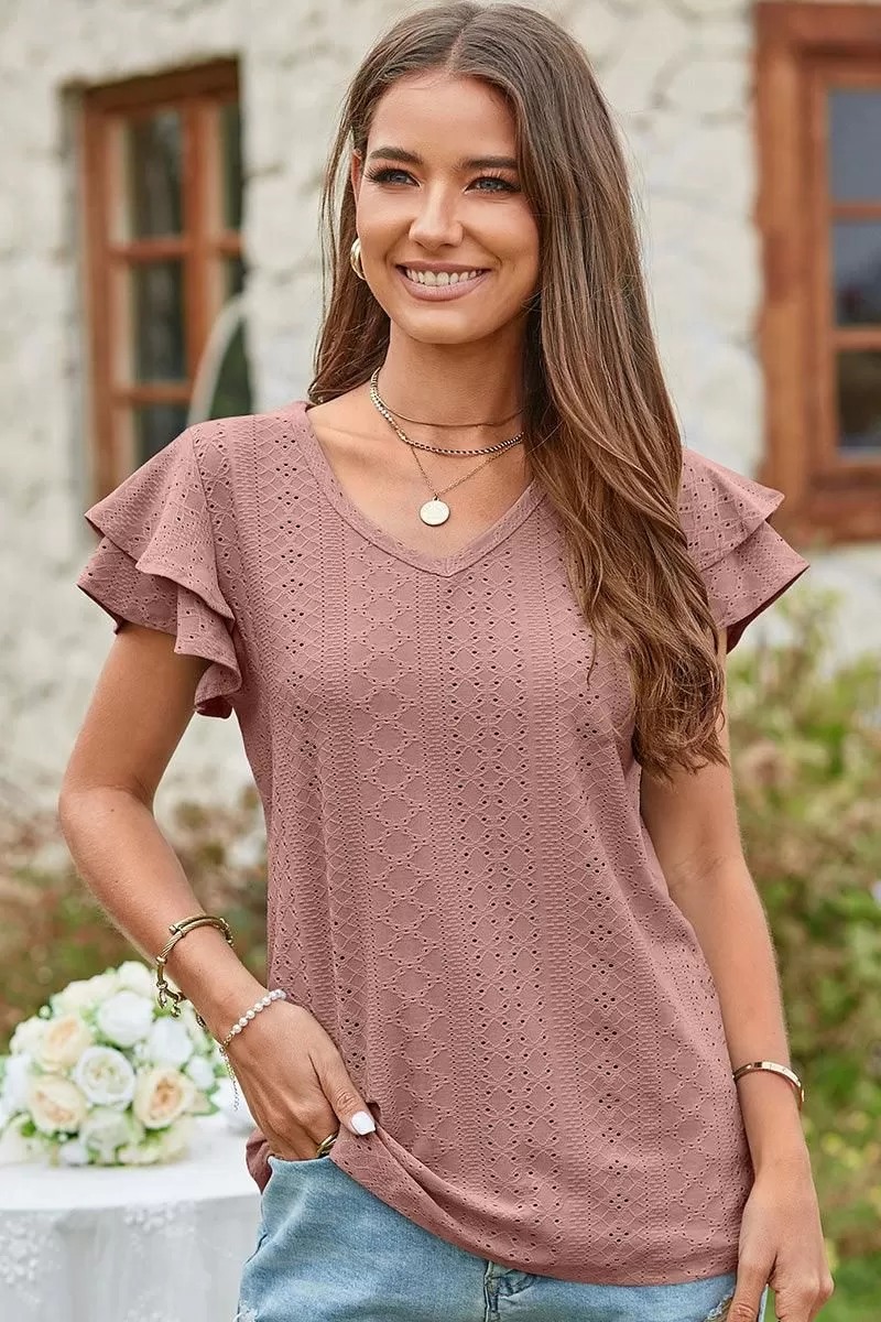 V NECK PUNCHING LACE DOUBLE SLEEVE TOP