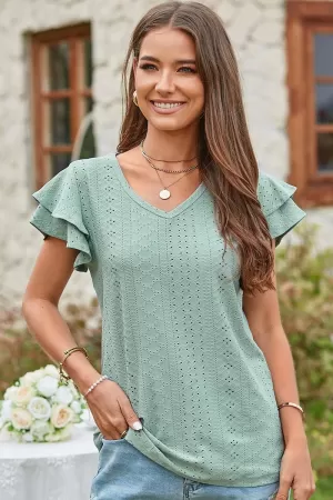 V NECK PUNCHING LACE DOUBLE SLEEVE TOP