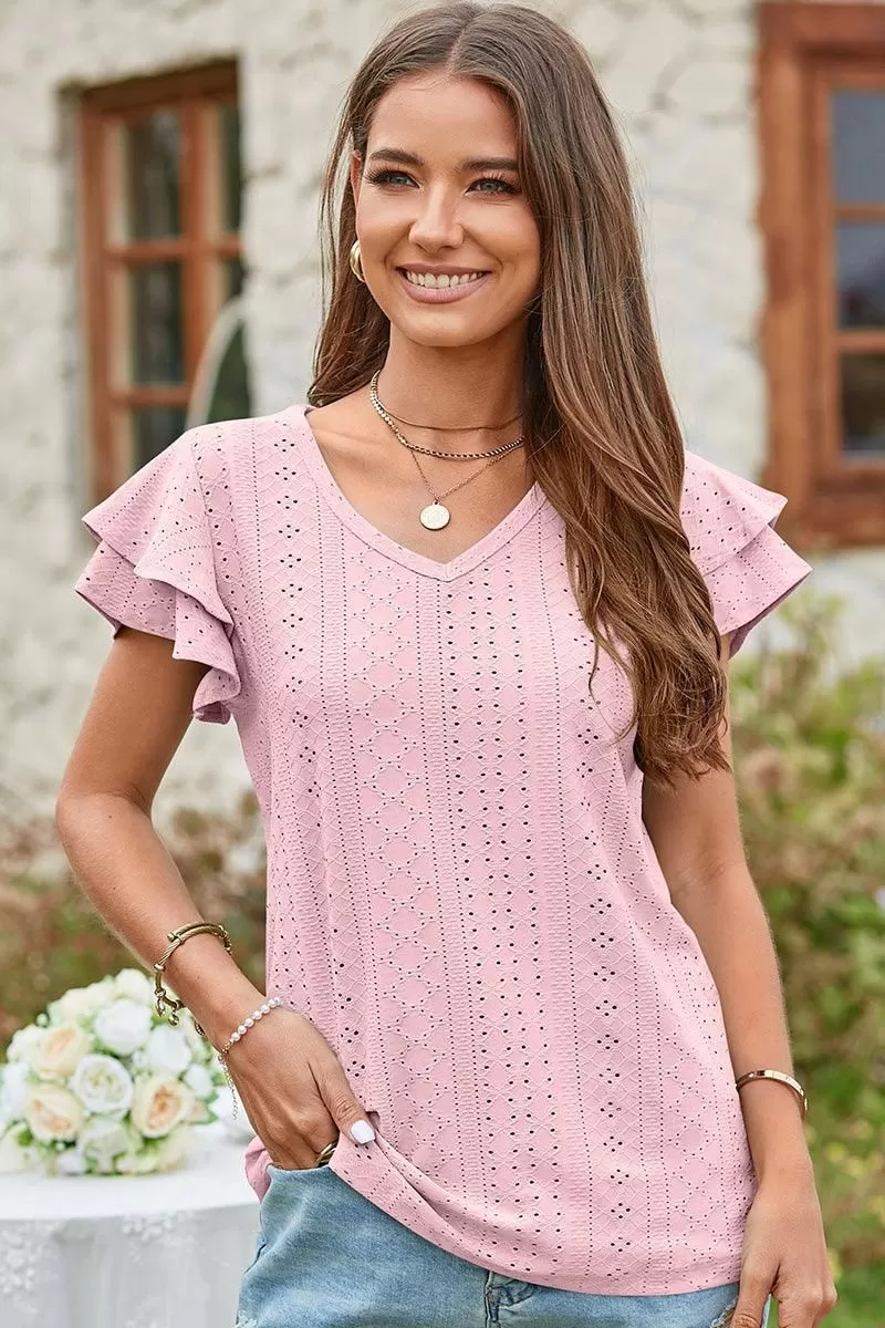 V NECK PUNCHING LACE DOUBLE SLEEVE TOP