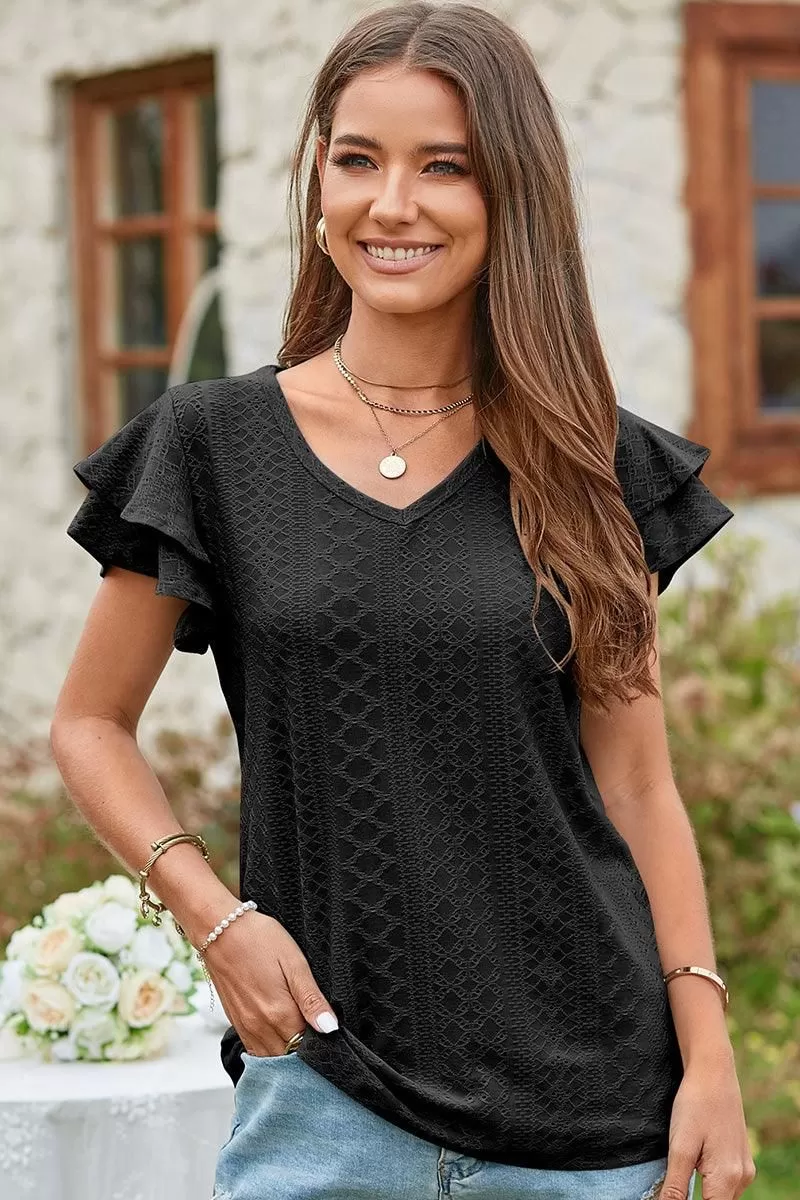 V NECK PUNCHING LACE DOUBLE SLEEVE TOP