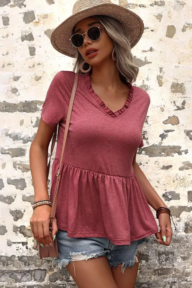 V NECK RUFFLED HEM SOLID TUNIC TOP