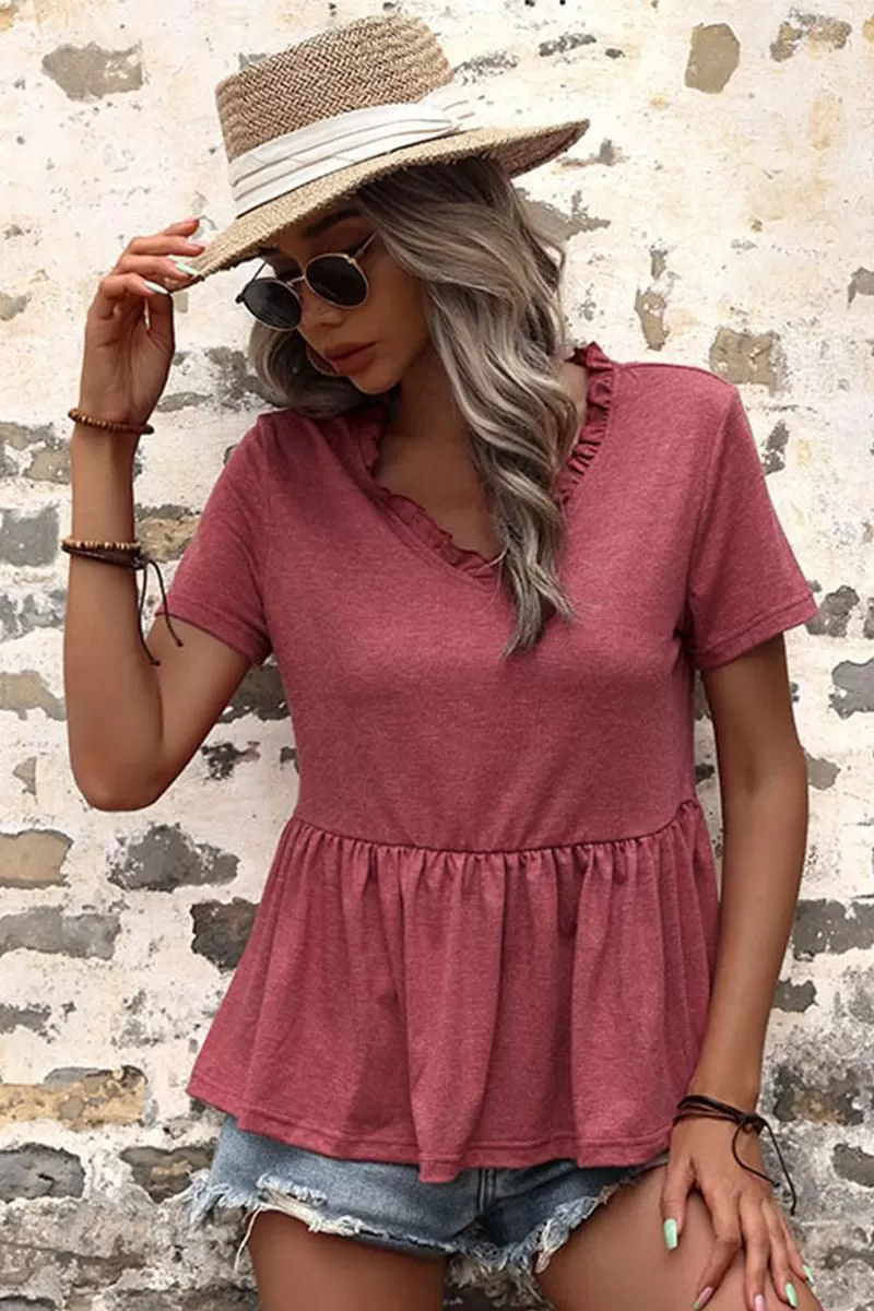 V NECK RUFFLED HEM SOLID TUNIC TOP