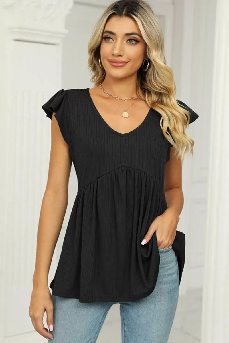 V NECK RUFFLED SHORT SLEEVE FLARE TUNIC TOP