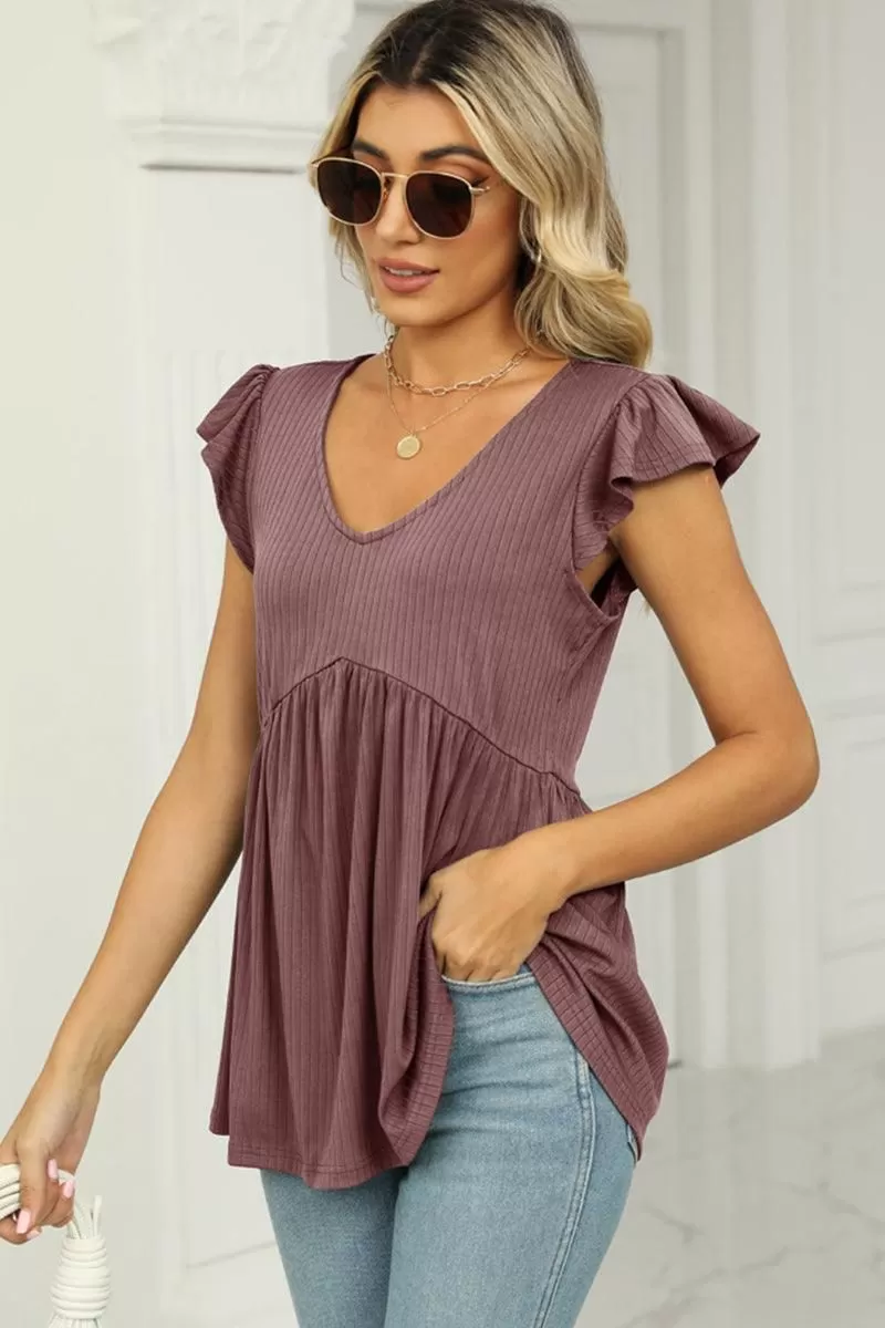 V NECK RUFFLED SHORT SLEEVE FLARE TUNIC TOP