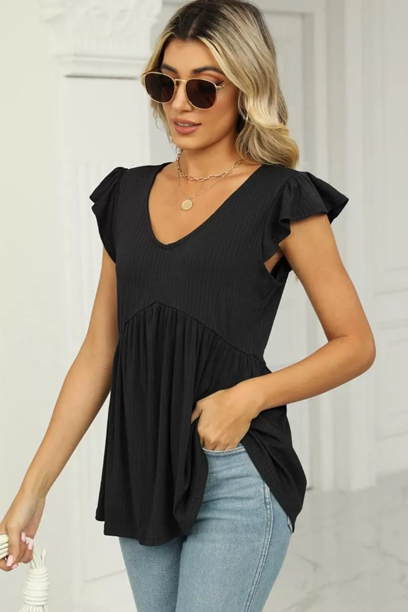 V NECK RUFFLED SHORT SLEEVE FLARE TUNIC TOP