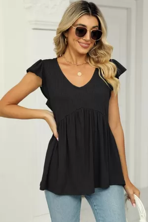 V NECK RUFFLED SHORT SLEEVE FLARE TUNIC TOP