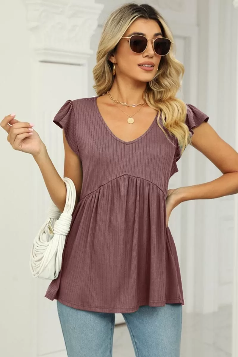 V NECK RUFFLED SHORT SLEEVE FLARE TUNIC TOP