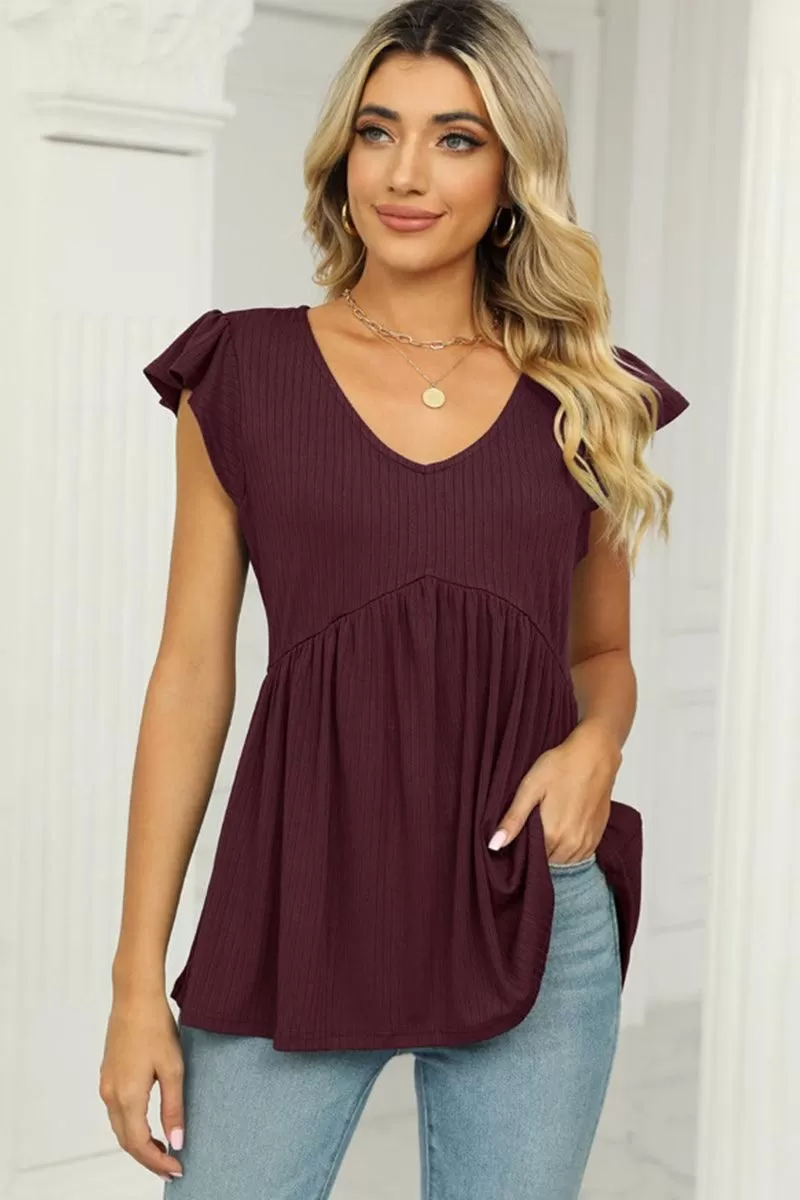 V NECK RUFFLED SHORT SLEEVE FLARE TUNIC TOP