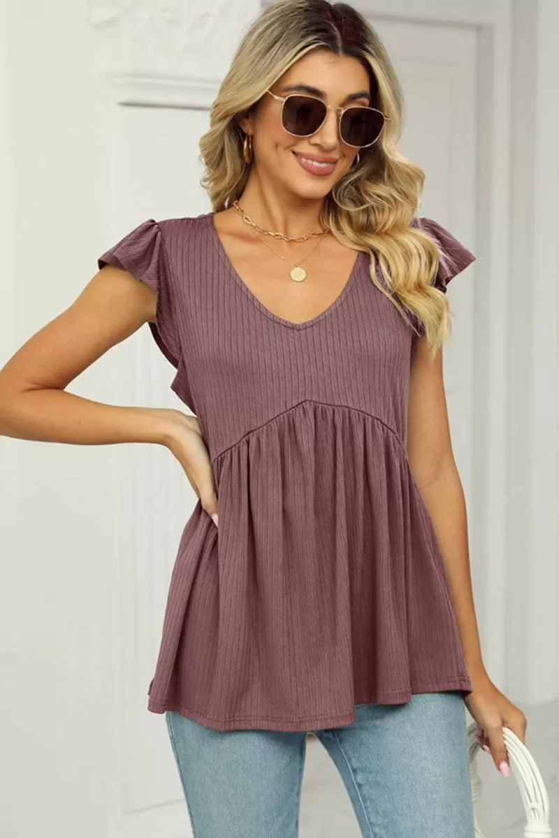 V NECK RUFFLED SHORT SLEEVE FLARE TUNIC TOP