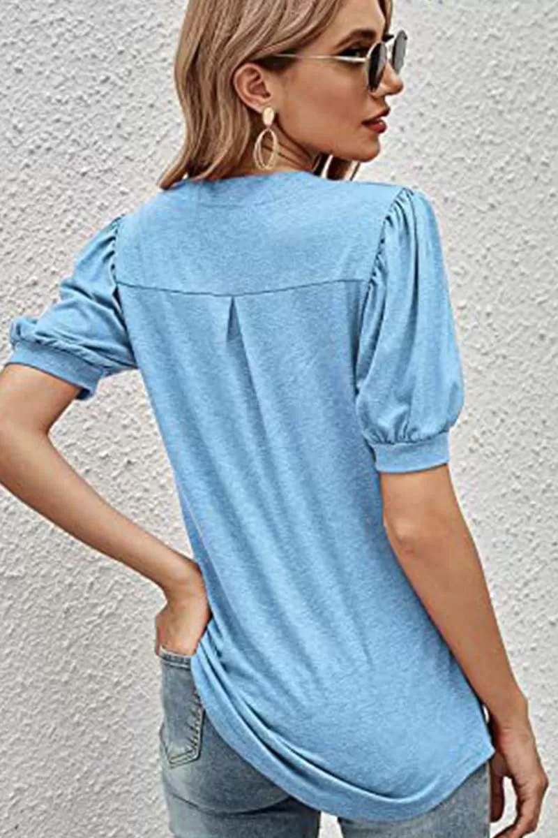 V NECK WRINKLED PUFF SLEEVE LOOSE TOP