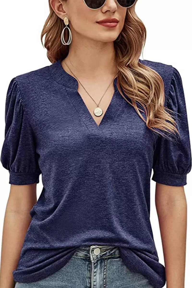 V NECK WRINKLED PUFF SLEEVE LOOSE TOP